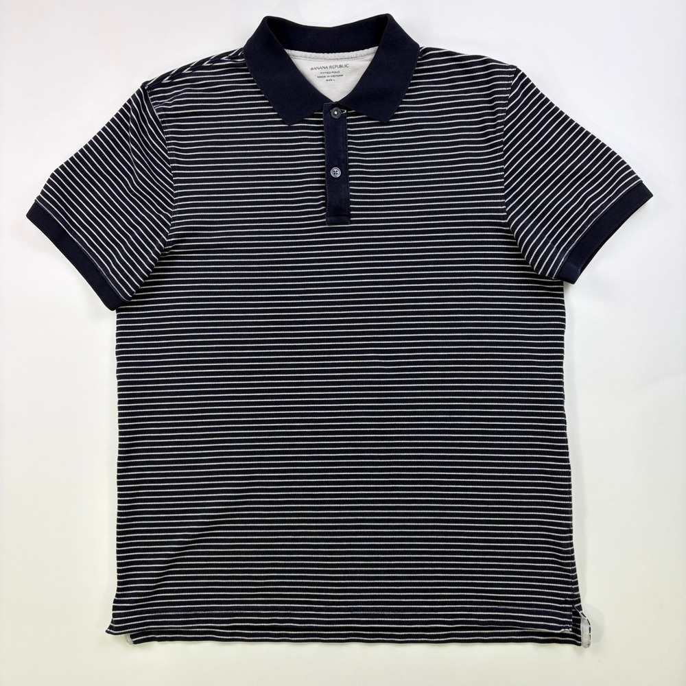 Banana Republic Fitted Polo Men Large Navy Blue White Striped Short Sleeve Shirt